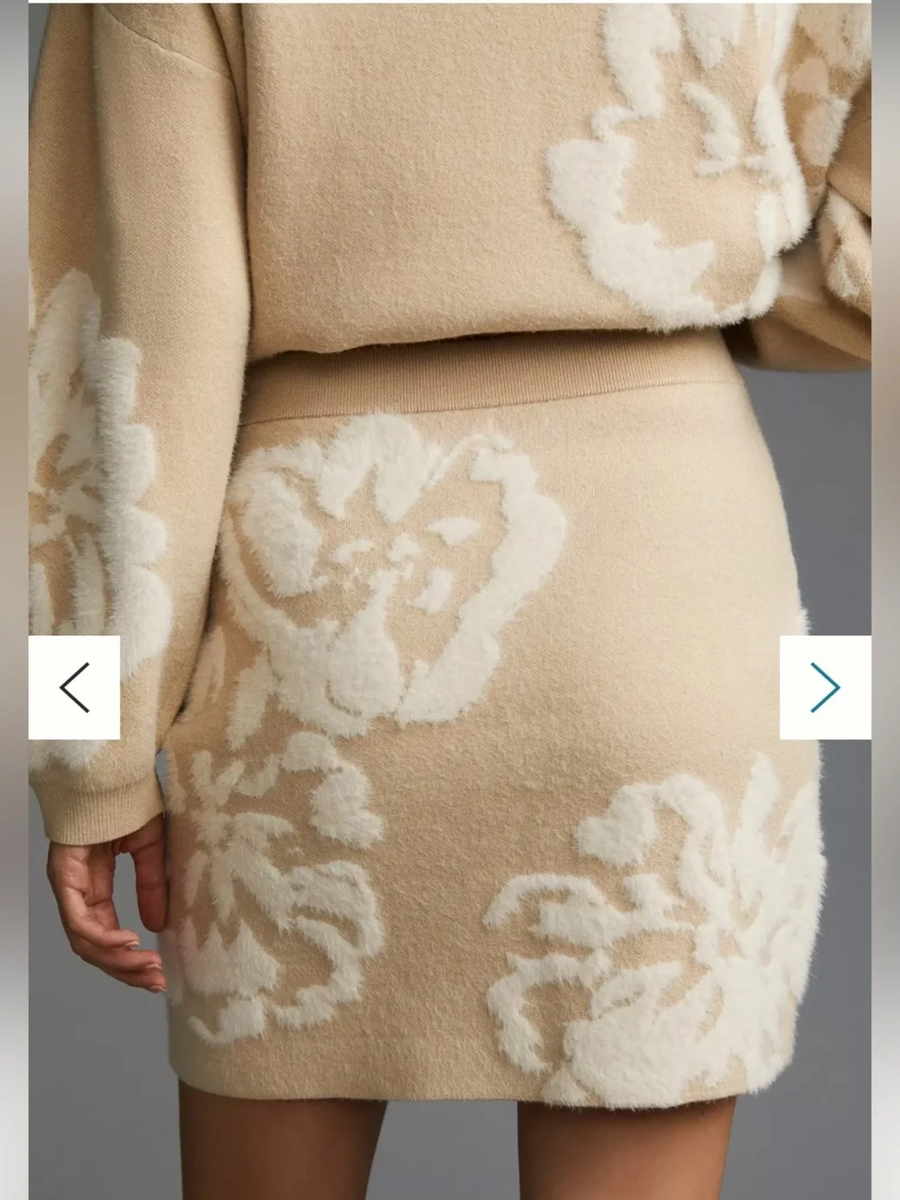 New Anthropologie Sweater Skirt Set Winter Cream Beige Floral Appliqué Fuzzy M